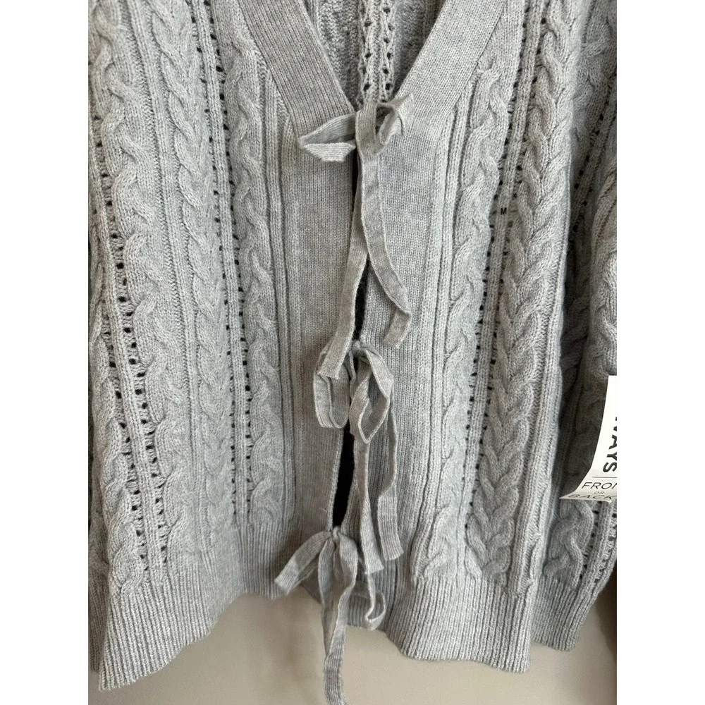 Aeropostale Cable Knit Cardigan Women M Grey EUC Reversible Bow‎ Tie Front 1278